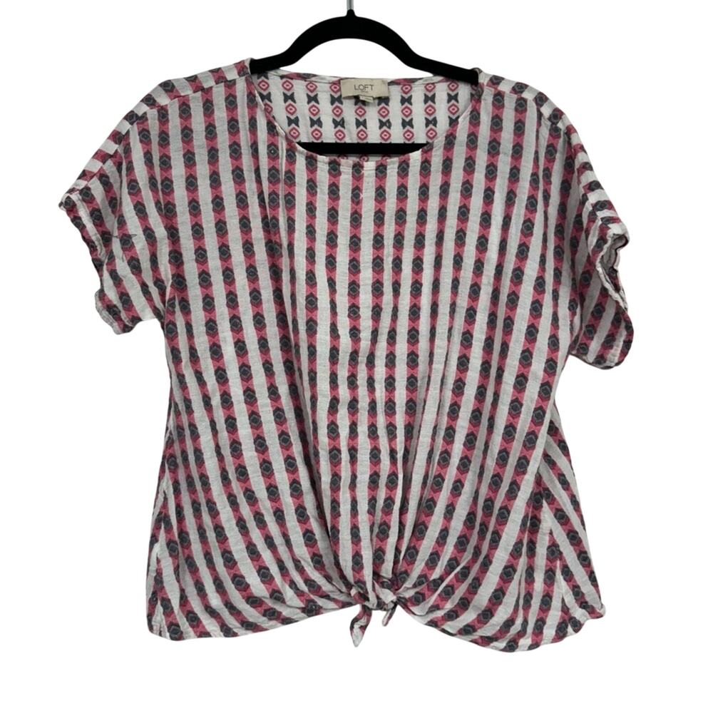 Loft Pink White Blue Striped Cropped Tee Shirt Women’s S Cotton Beachy Casual